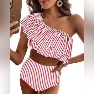 Striped Red and White One-Shoulder Bikini